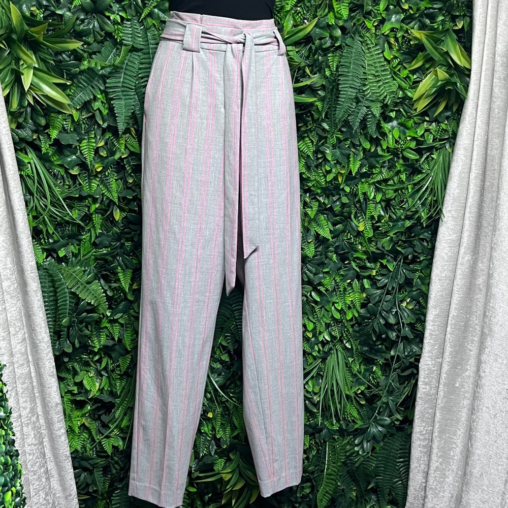 Express Pants Size 2L Pink Gray Ankle High Rise Striped Paperbag Waist 3430 - Picture 8 of 11